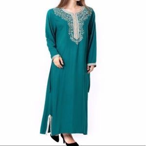Teal Embroidered Long Sleeve Caftan Dress